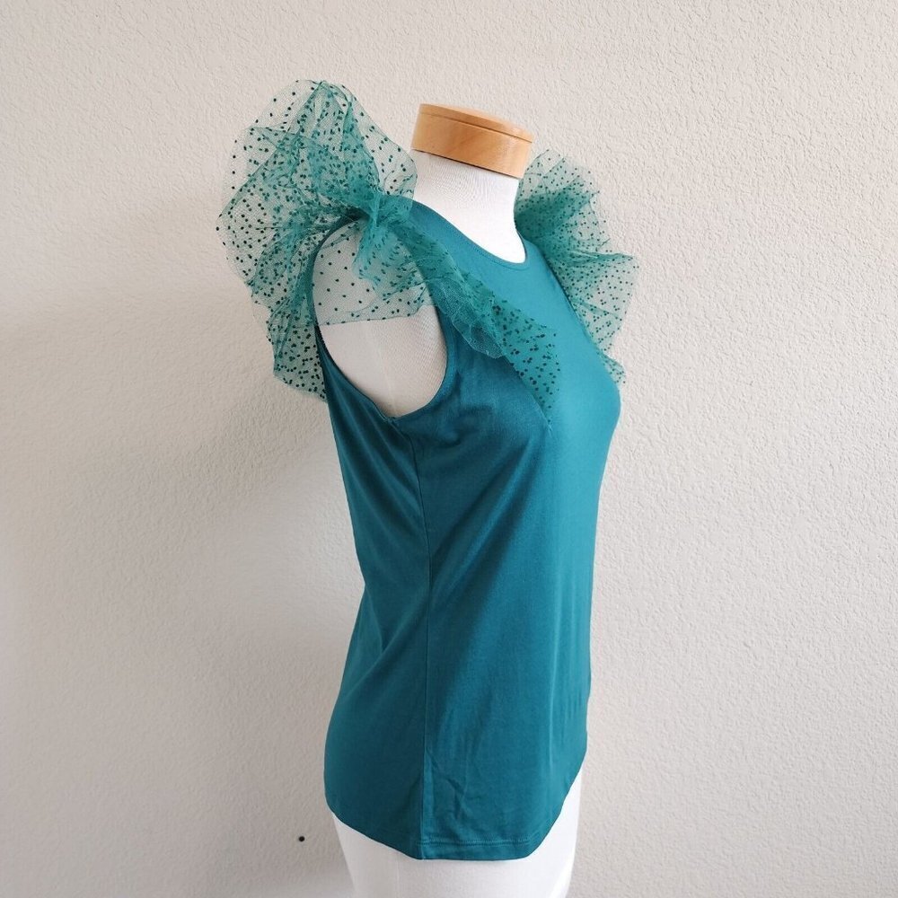 NWT Boden Polka Dot Tulle Statement Shoulder Ruffle Jersey Forest Green US4 - Picture 5 of 11